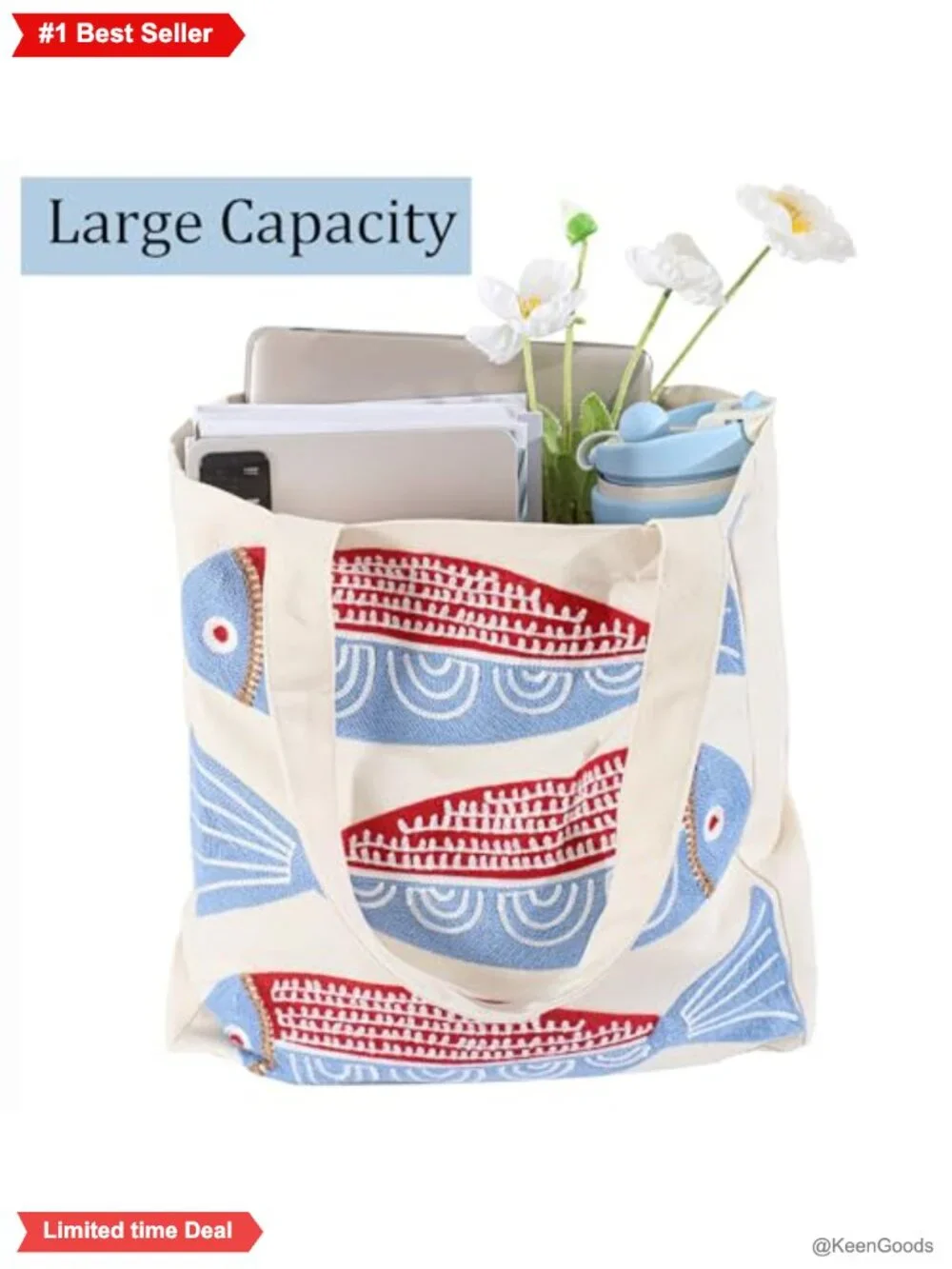 Canvas Tote Bag Embroidered Beach Ocean Theme Large Reusable